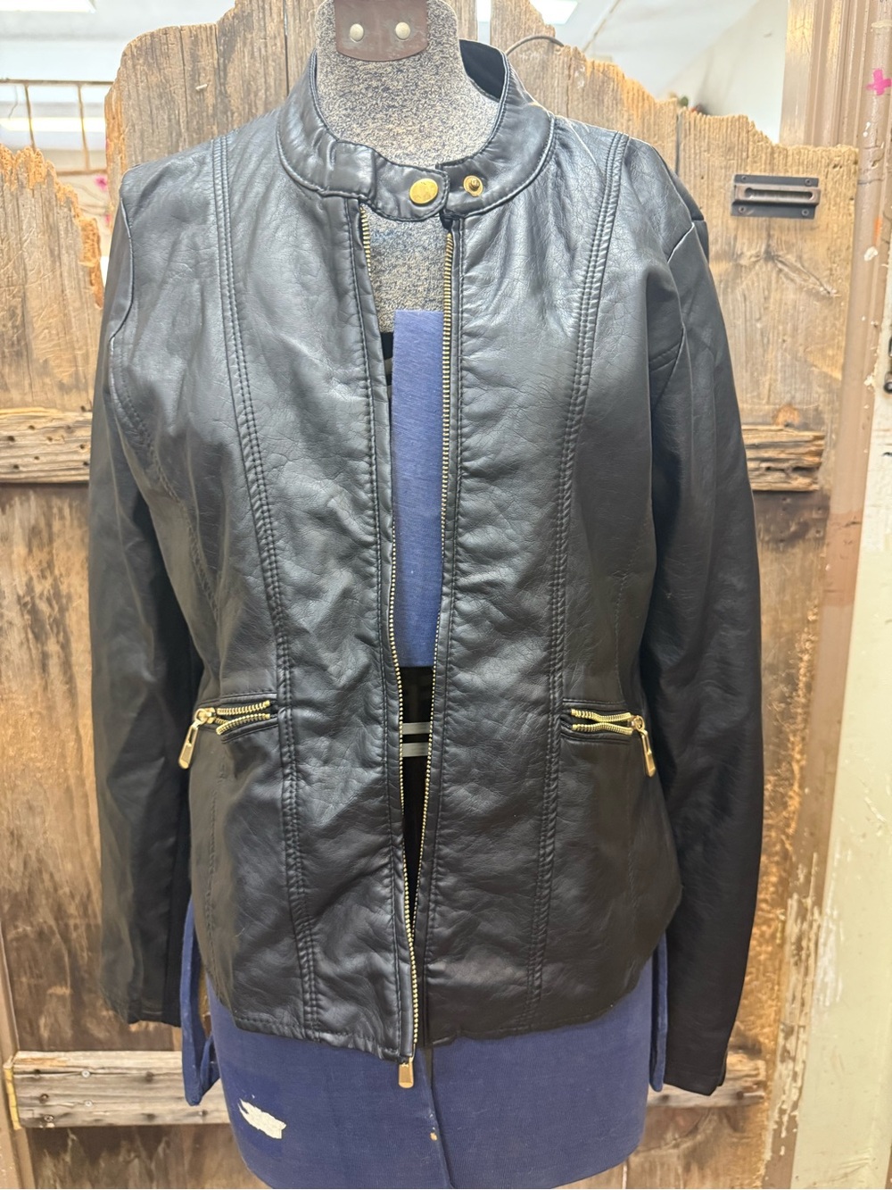 therapy Black Faux Leather Zip Moto Jacket with Gold Hardware